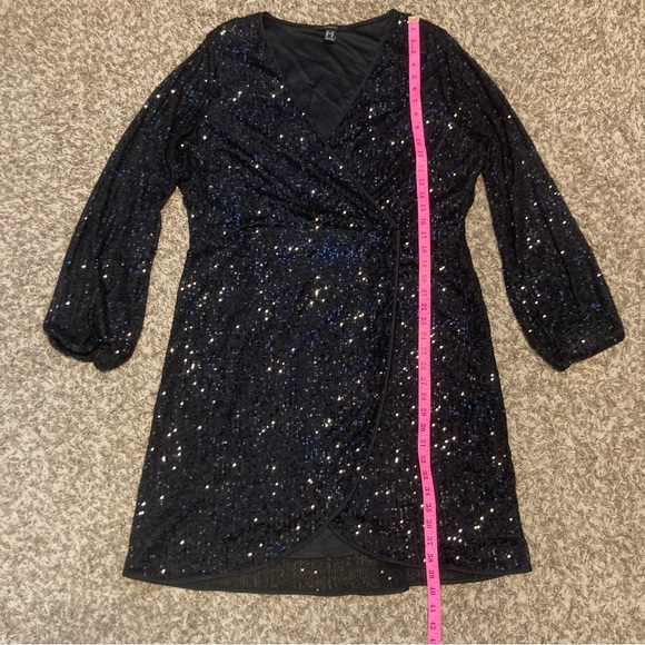Forever 21+ Glam Black Sequin Long Sleeve Wrap Dress, Sz 2x 18/20 - Picture 11 of 14